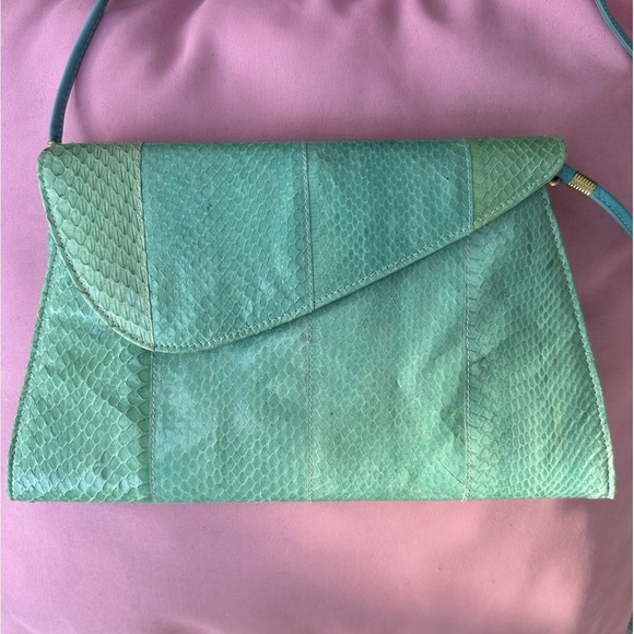 Jasmine Handbags - Vintage Jasmin Teal Snakeskin Shoulder Bag Purse Made in Hong Kong 12"x7"